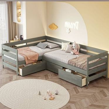Euroco Wood Twin Size L-Shaped Platform Bed, 2 Beds in One with Drawers, Gray