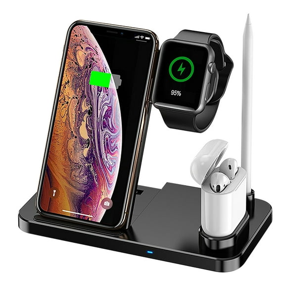 SHELLTON 4 In 1 Wireless Charger ,QI Fast Charger Pad Stand Charging Station Dock For Apple Watch Series 4/3/2/1 Airpods for iPhone X XS Max XR 8 Plus iPhone11 11pro Apple Pen