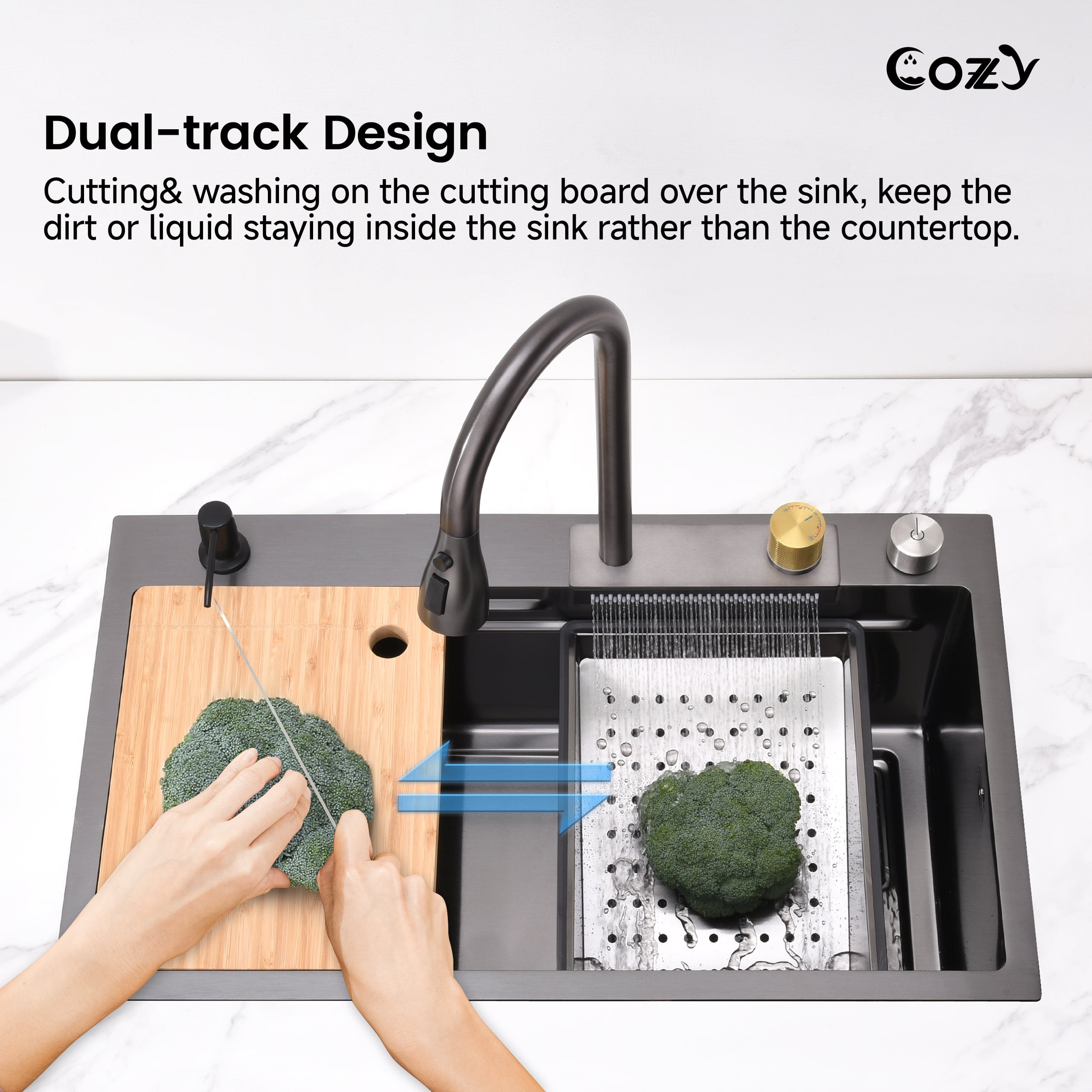 COZY 30″×22″ Stainless Steel Single Bowl Kitchen Sink, Black Waterfall Workstation with Flying-Rain Faucet, Cutting Board, 1 Count, SS-BL05-302208