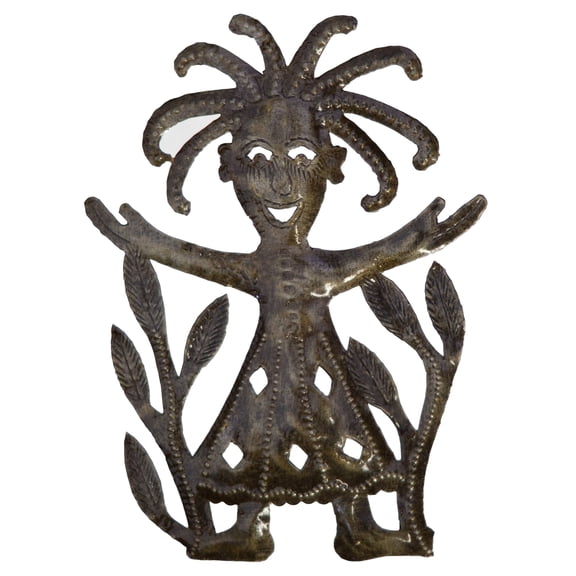 Le Primitif Galleries Haitian Recycled Steel Oil Drum Outdoor Decor, 8 by 6-Inch, Welcome Girl