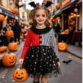 thumbnail image 2 of Y-Sunset Girls Halloween Dress, Long Sleeve Patchwork Striped Dress, Gold Star Tulle Tutu Halloween Outfit, For Trick Or Treat Party Photo Carnival Play(Black1/4-5 Years), 2 of 8