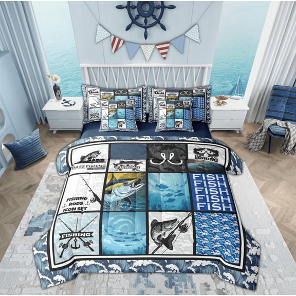 Manfei Hunting and Fishing Twin Bedding Sets 7-Piece for Kids, Rustic Pink Fish Bedding Comforter Set, Blue Patchwork Plaid Reversible Sheet Sets, Luxury Bedroom Decor