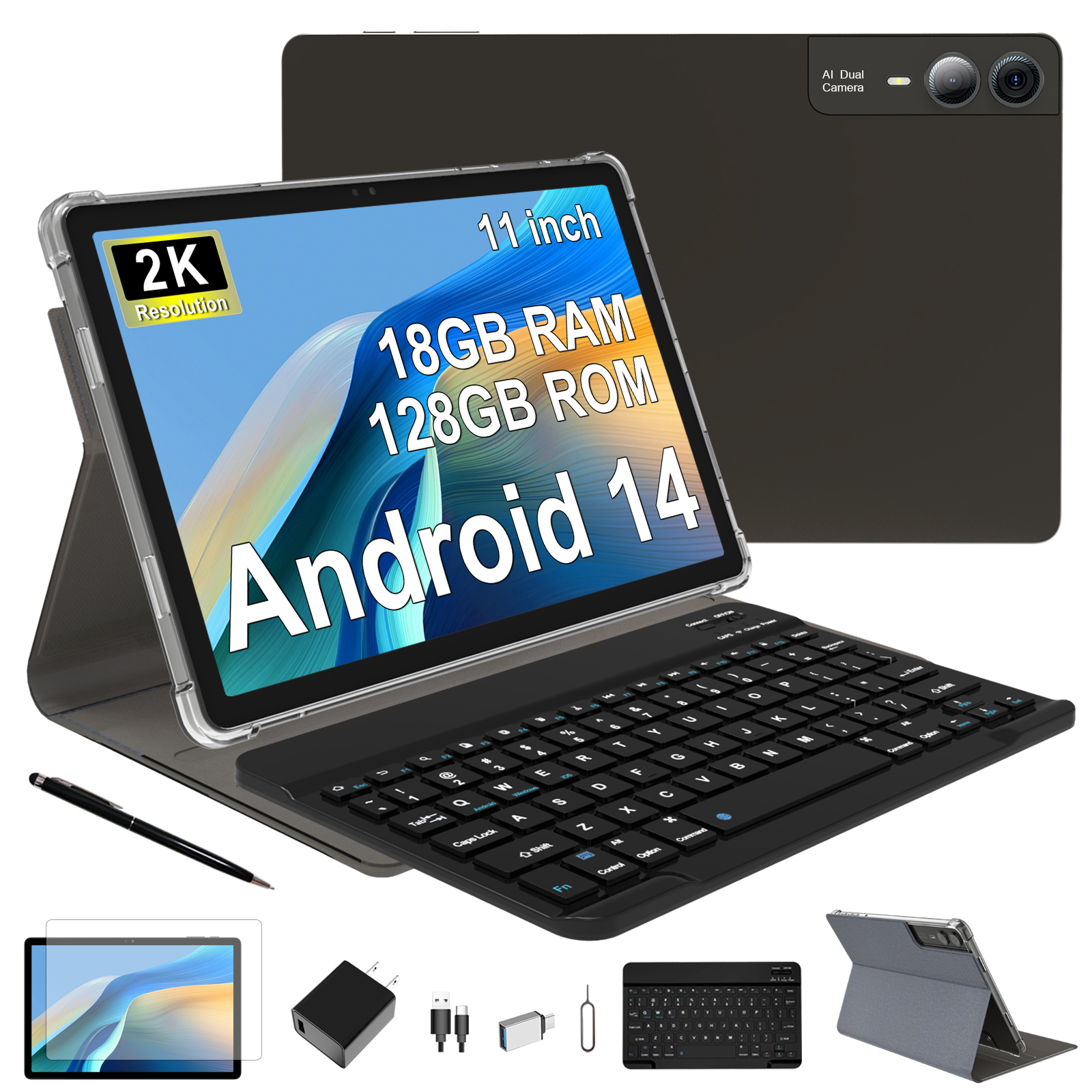 Newest 11 inch Android 14 Tablet, 18GB RAM, 128GB ROM, 1TB Expand, 2K Display, Octa-Core 5G/2.4G WiFi, 13MP+5MP+5MP Camera, BT 5.0, GPS, 9000mAh, Quad Stereo Speakers