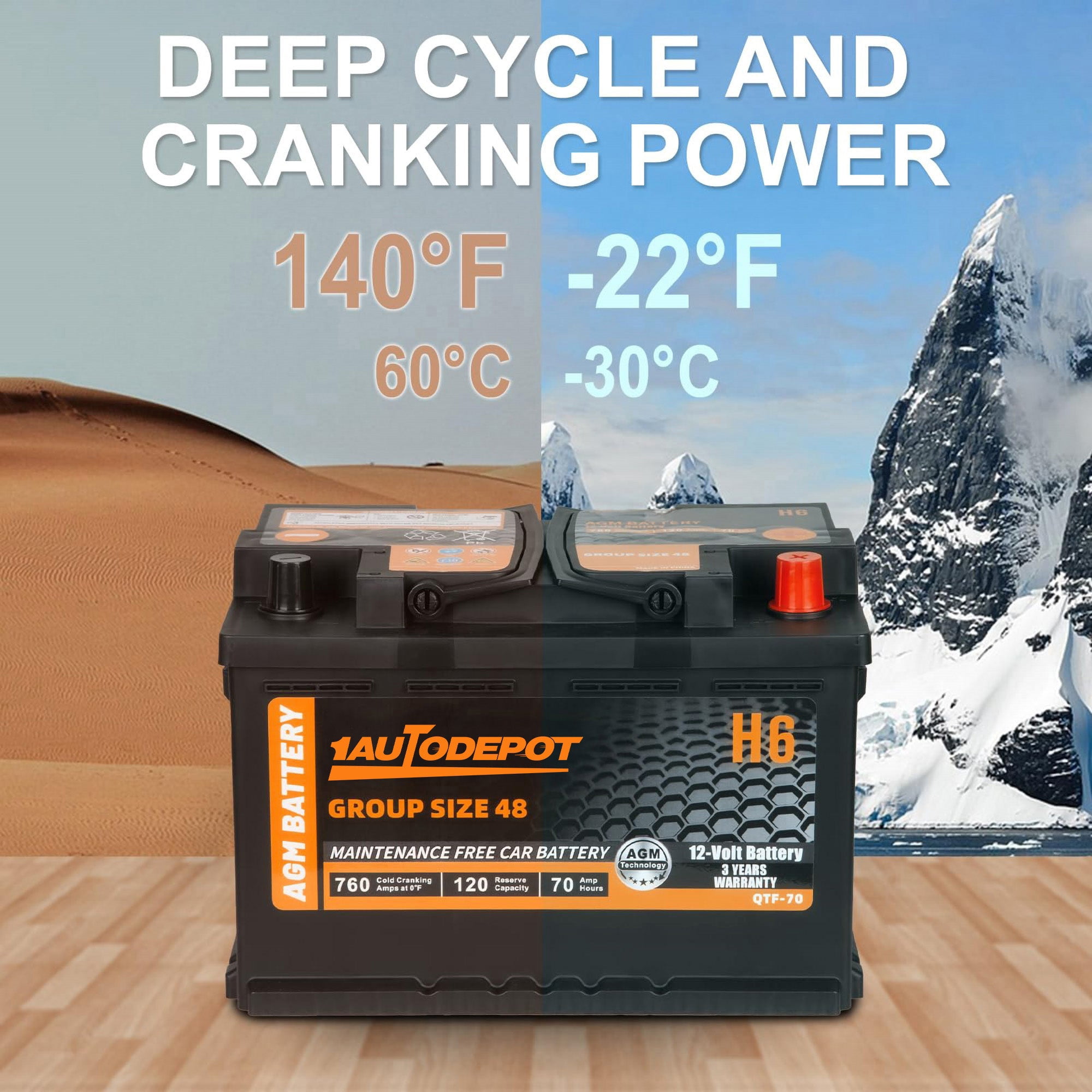 1AUTODEPOT BCI Group 48 Battery, AGM 12 Volt Rechargeable Automotive Batteries for Car, H6 760CCA 70Ah 120RC, Maintenance Free