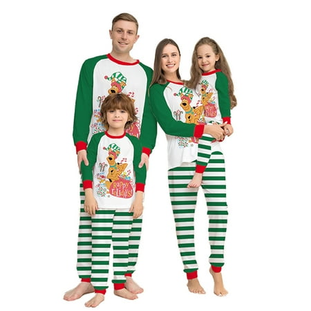 

HUIJZG Christmas Family Matching Pajamas Outfits Cartoon Dog Print Tops with Striped Pants Xmas Sleepwear Nightwear Set