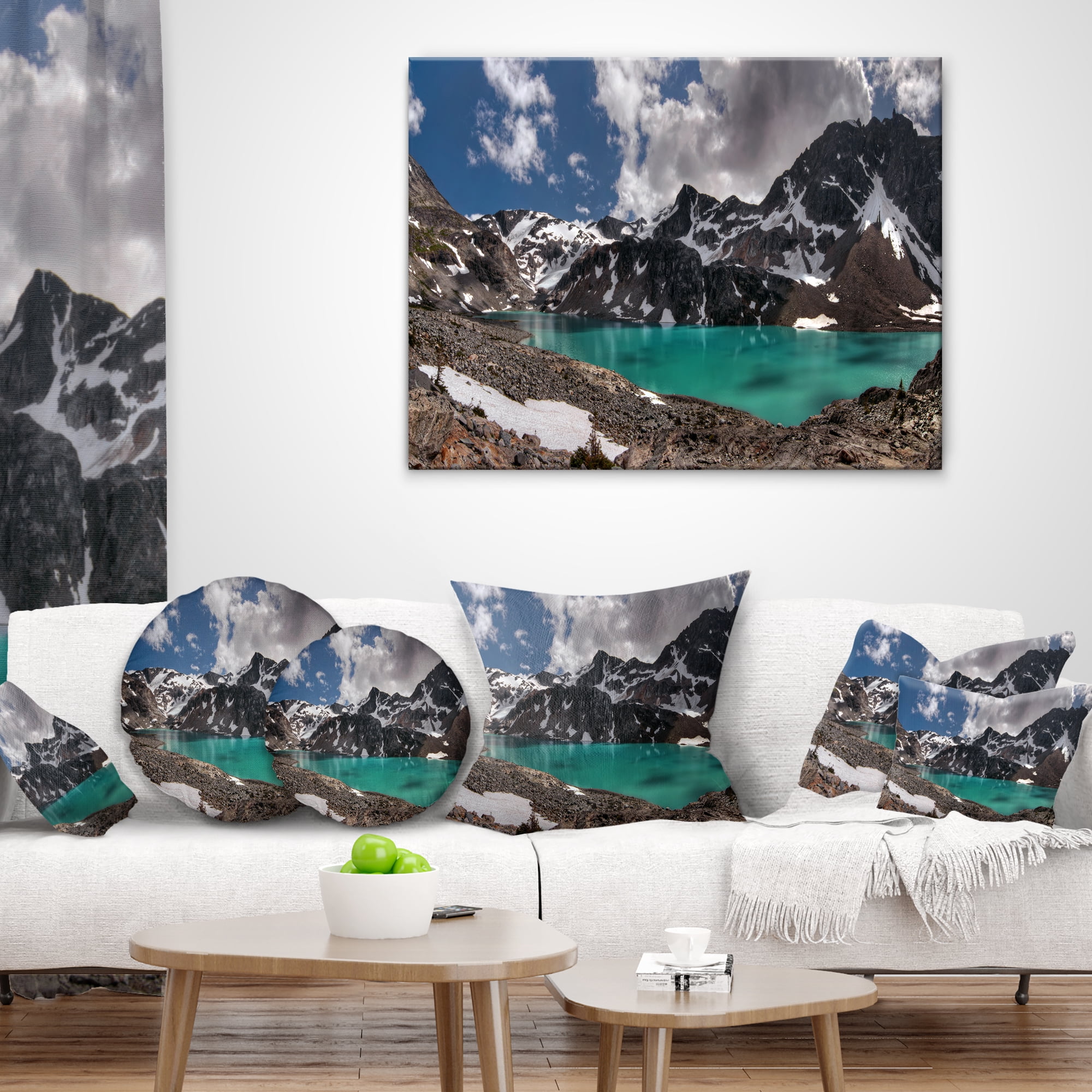 Designart Distant Mountains and Mountain Lake - Landscape Printed Throw Pillow - 16x16