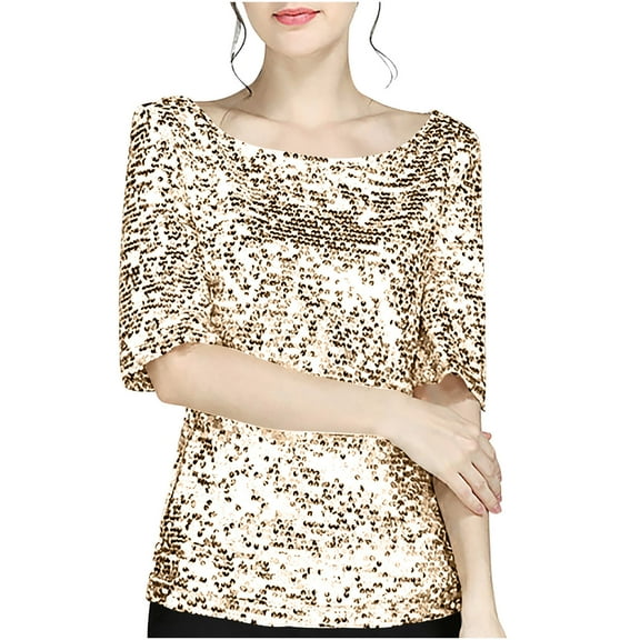 Dgankt Womens Tops Double Crew Neck Sequin Decor Solid Short Sleeve Spring Fashion Tee,Sizes S-5XL