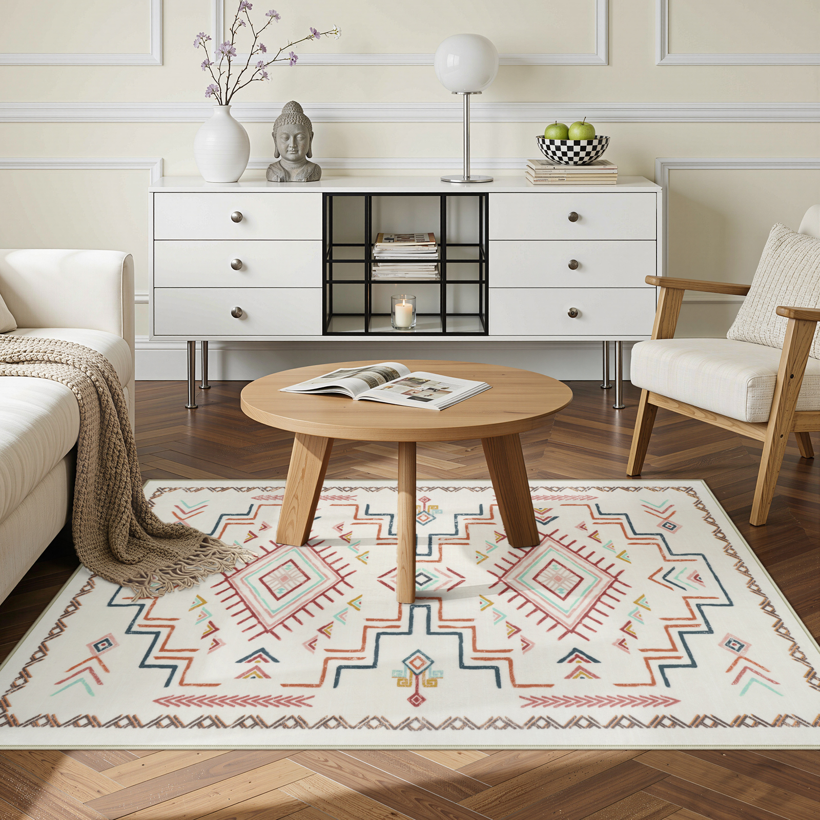 Lahome Washable 3'x5' Area Rug, Colourful Tribal Aztec Rugs for Living Room, Non-Slip Small Entryway Carpet for Bedroom Girls Kitchen Indoor, Low-Pile Boho Western Decor, Colourful