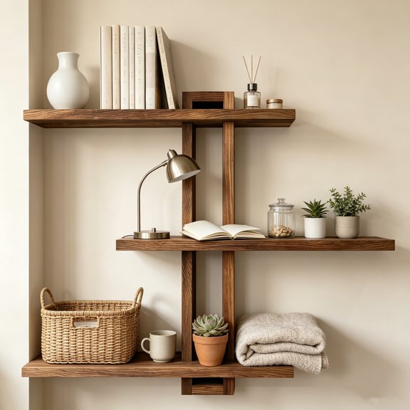 3‑Tier Wooden Floating Wall Shelves, Rustic Wall Mounted Storage Shelf, Mid‑Century Modern Decor Shelving Unit for Living Room, Bedroom, Bathroom, for Plants, Photos and Home Decor