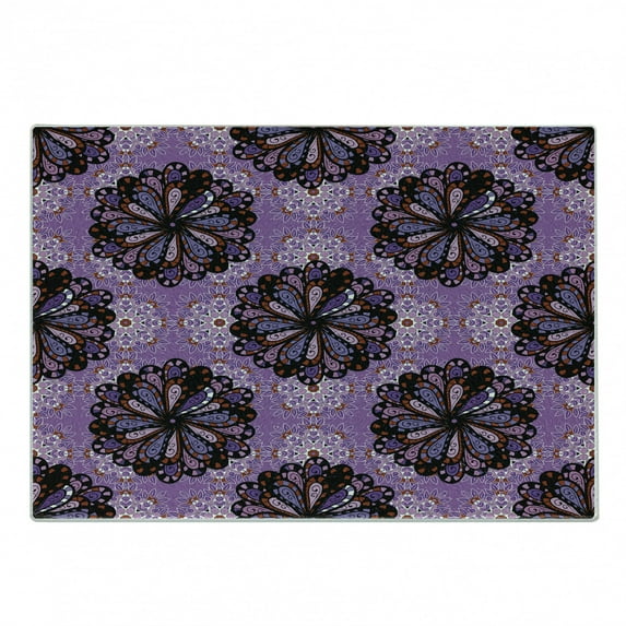 Purple Mandala Cutting Board, Vintage Beauty Boho Round Motif Art Inspiration Design, Decorative Tempered Glass Cutting and Serving Board, Small Size, Black Redwood Violet, by Ambesonne