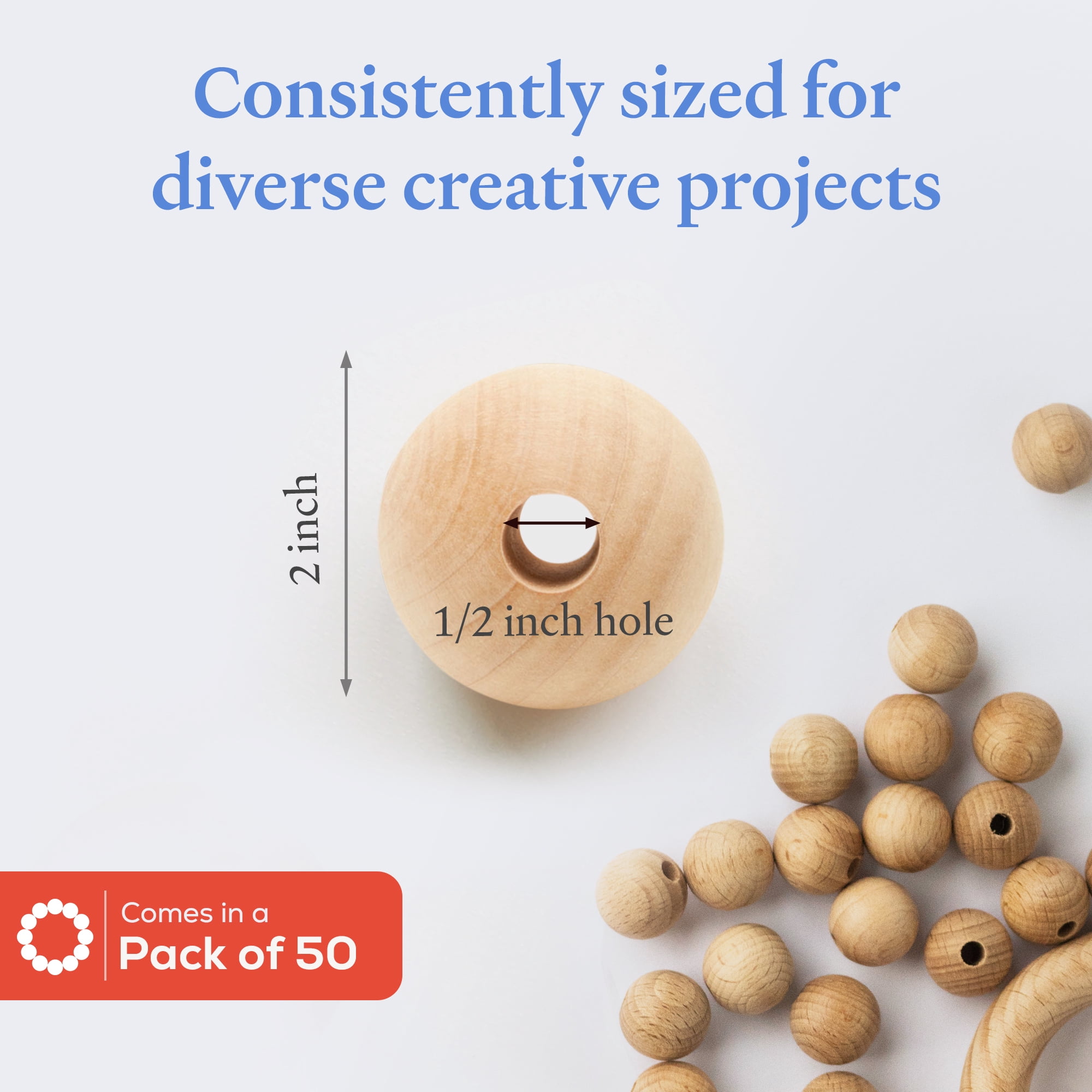 Unfinished Wood Ball Beads 2-inch Diameter, 1/2-inch Hole, Pack of 50 Large Wooden Balls with Holes, Knit Beads, by Woodpeckers