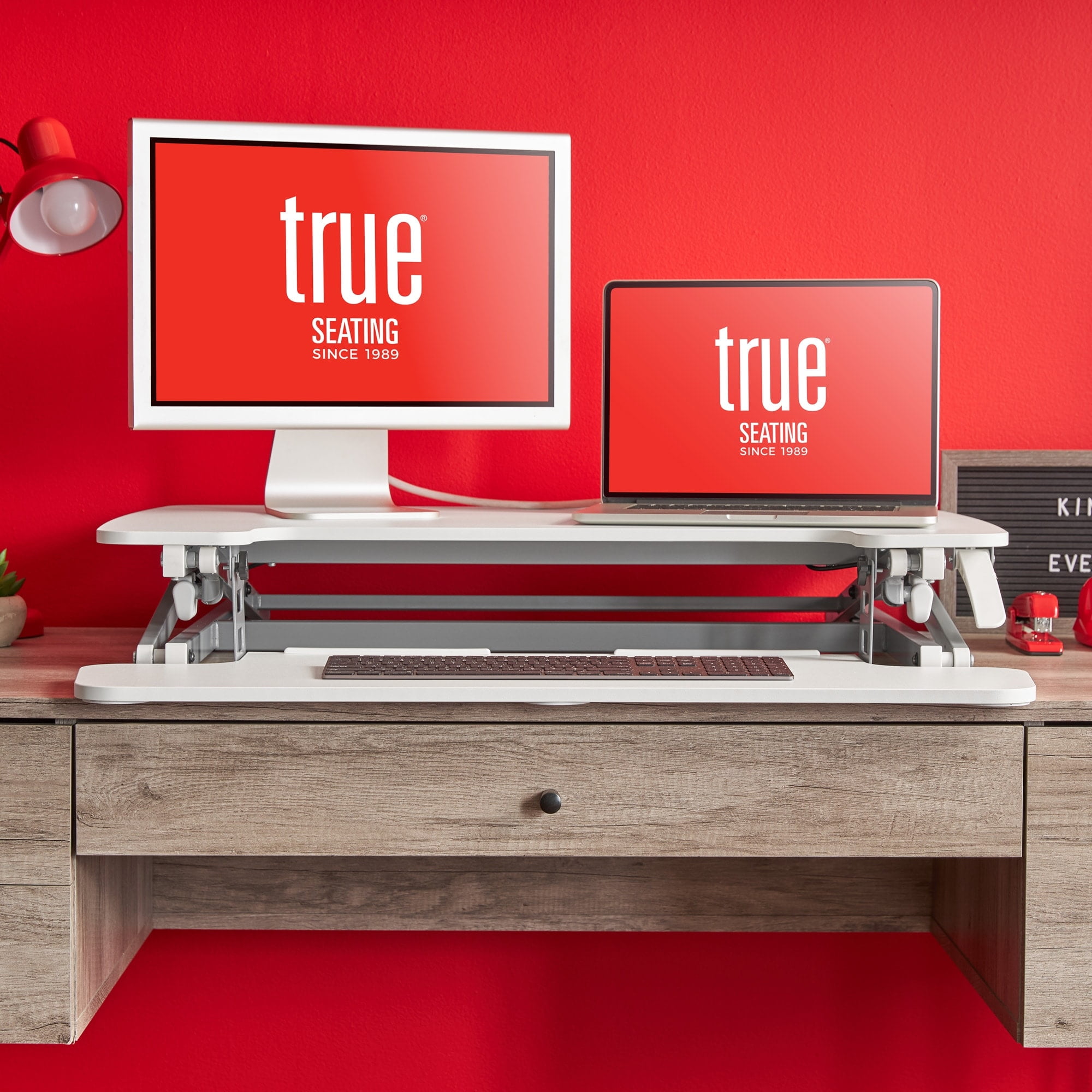 Millwork Holdings Co True Seating Ergo Standing Desk Converter with Keyboard Tray, Dual Monitor Laptop Riser Height Adjustable Tabletop Workstation
