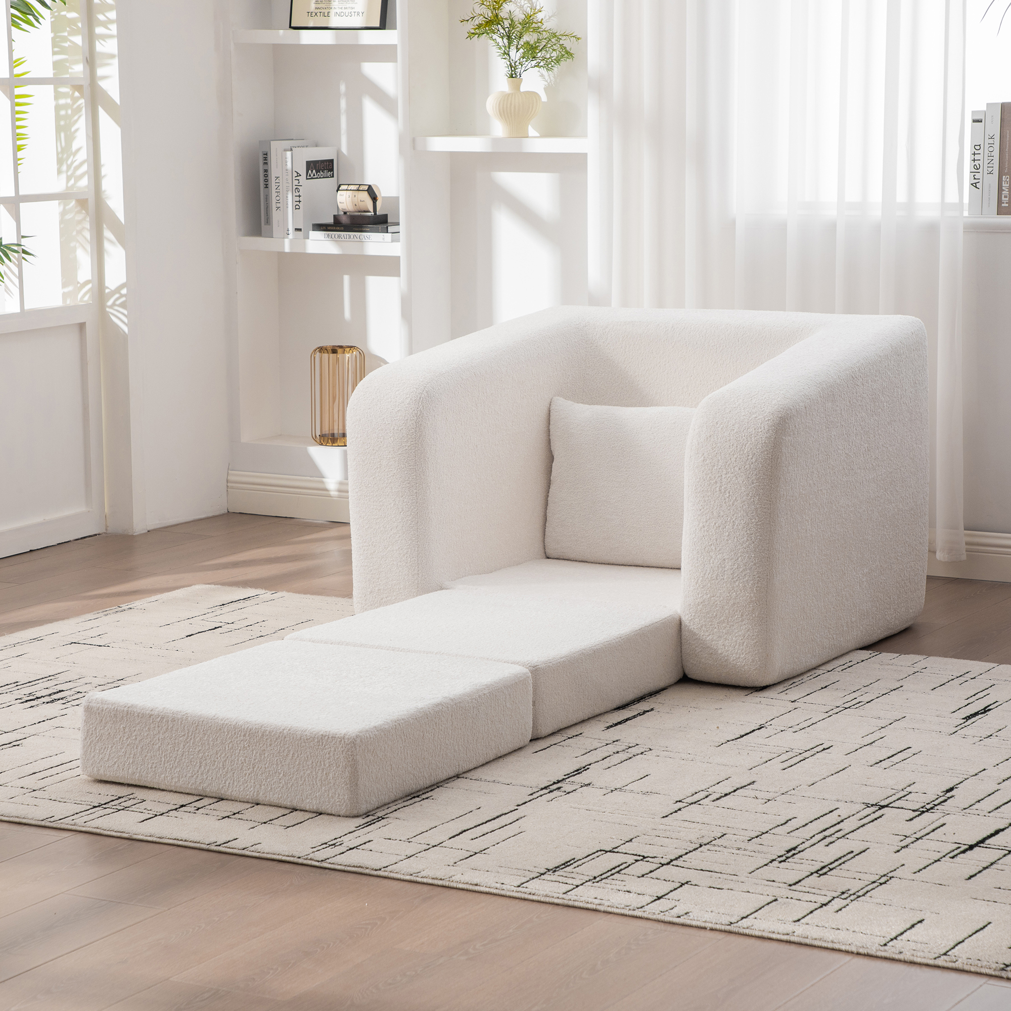 Modular Folding Sofa Chair,Convertible Floor Couch with Armrest & Backrest, Sleeper Lounge Accent Chair for Apartment Living Room Bedroom Dorm,Ivory White