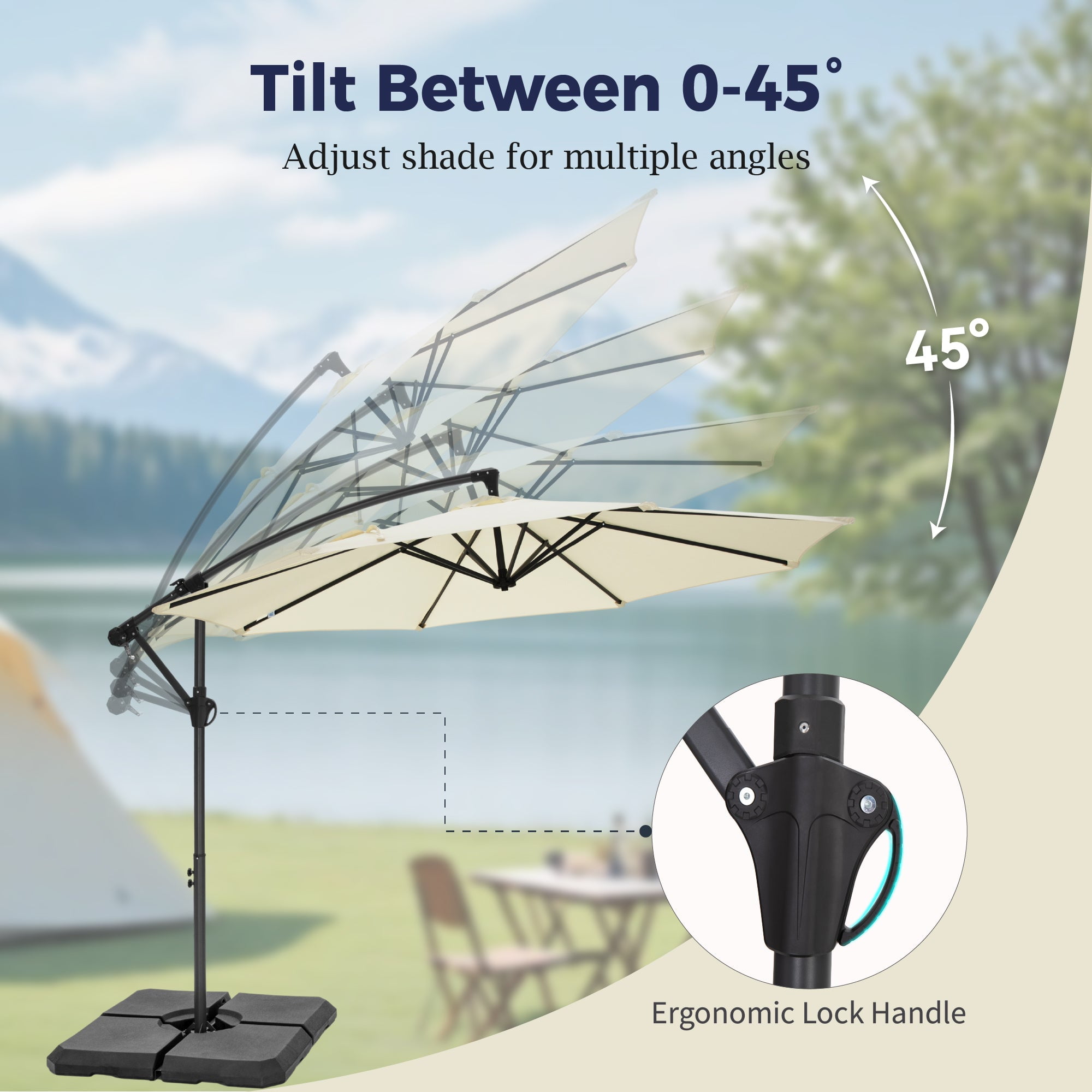 Alpha Joy 10ft Outdoor Patio Offset Market Hanging Umbrella with 8 Steel Ribs & Cross Base(No Weight), Ivory