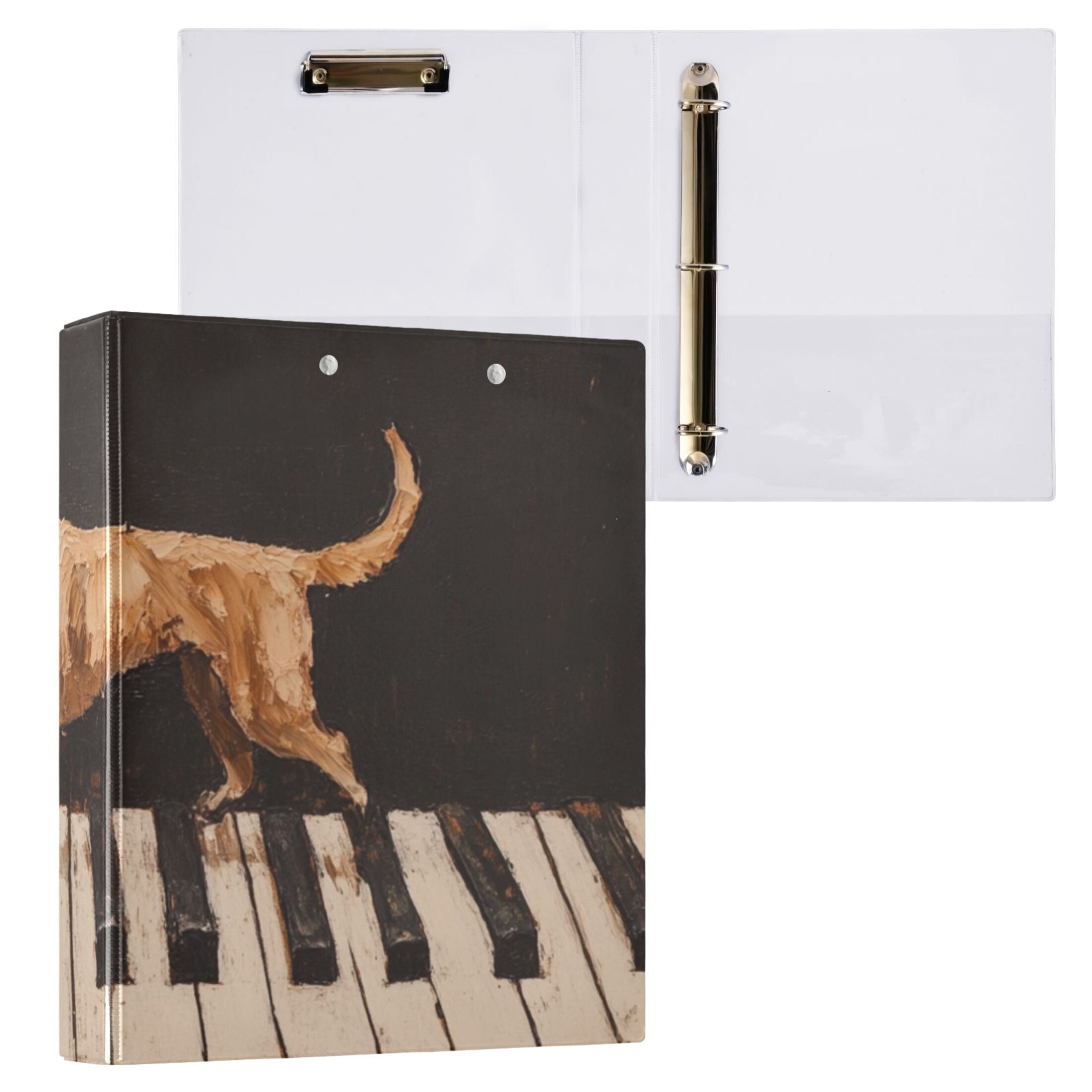 Dog on Piano 3 Ring Binders 1.5 inch Hardcover File Folders with Interior Pockets A4 Size Organizer for School Office Hospital