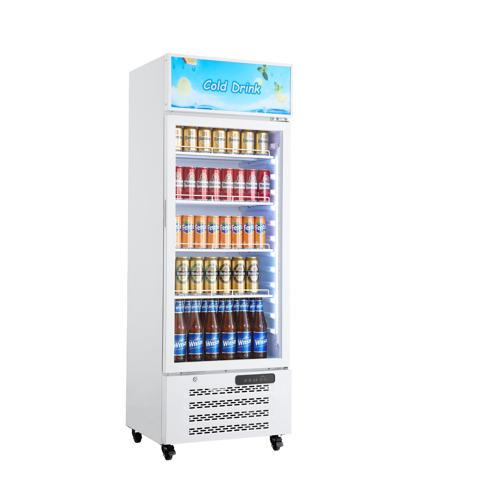 KFFKFF Commercial Glass Door Refrigerator, 9.6 Cu.Ft / 273 L Upright Beverage Cooler with Adjustable Shelves, LED Lighting, and Customizable Lightbox for Home or Business Use