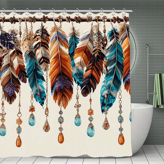 Potopok Bohemian-Style Feather Design Shower Curtain, decorative polyester fabric with hooks, for bathroom, shower, or room divider, 70.8x70.8 Inch