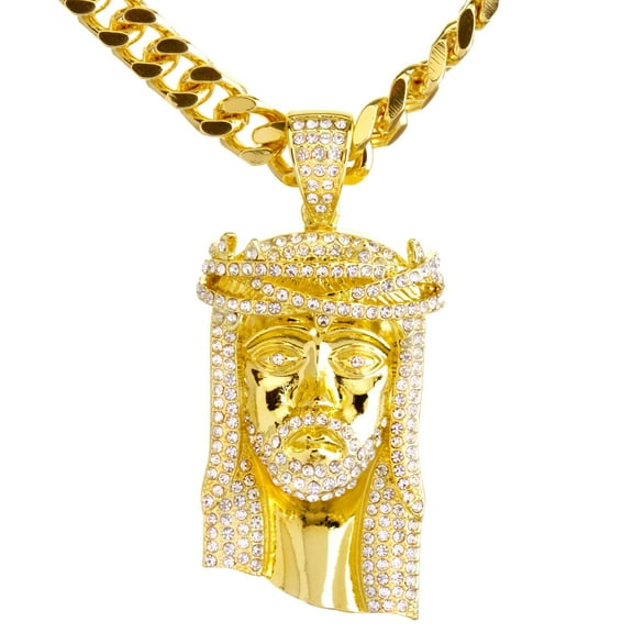 14k Gold Plated Big Hip Hop Jesus Head Pendant Cubic Zirconia & 10mm 30" Cuban Link Chain