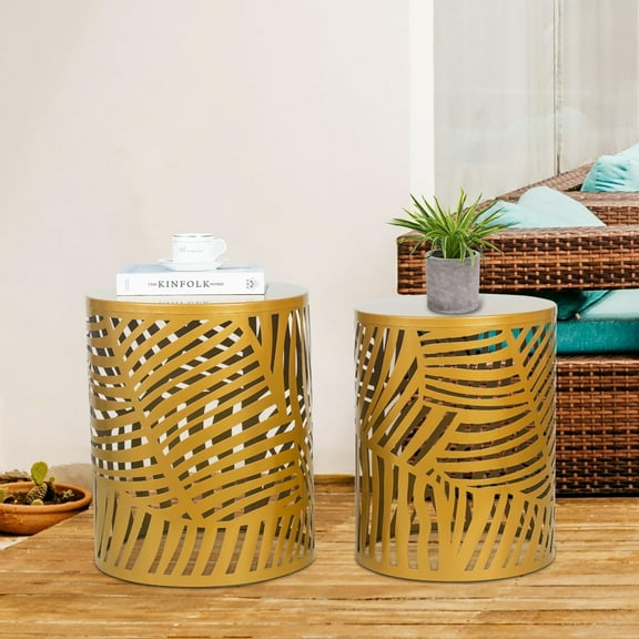 Joveco Gold Nesting Round Side End Tables Set of 2- Coffee Tea Table Mid Century Night Stands for Living Room Bedroom Outdoor, Gold Curve Style