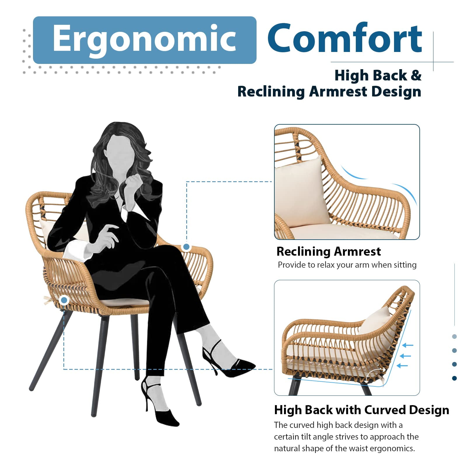 JOIVI Outdoor Wicker Chairs Set of 2, Patio Dining Chair with Cushions, All-weather Rattan Porch Chairs with Armrest for Outside Lawn, Balcony, Garden, White