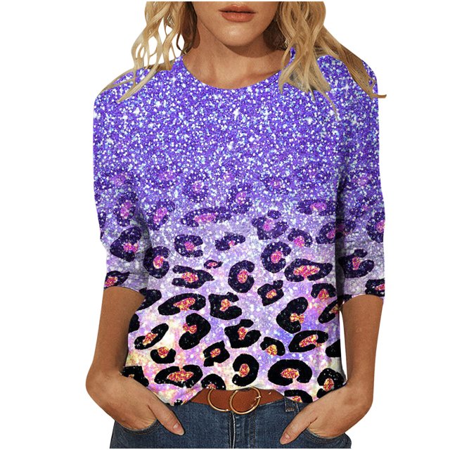 HKEJIAOI Hauts à Manches 3/4 Womens Imprimé Floral Col Rond XXL Manches Trois-Quarts Femme Haut
