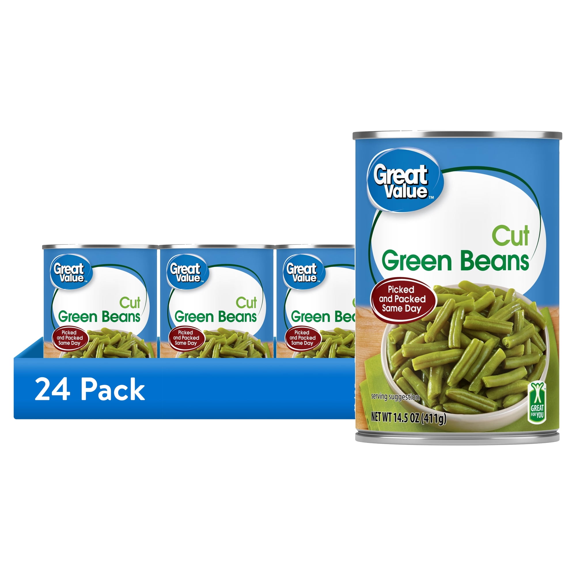 (24 pack) Great Value Cut Green Beans, 14.5 oz Can