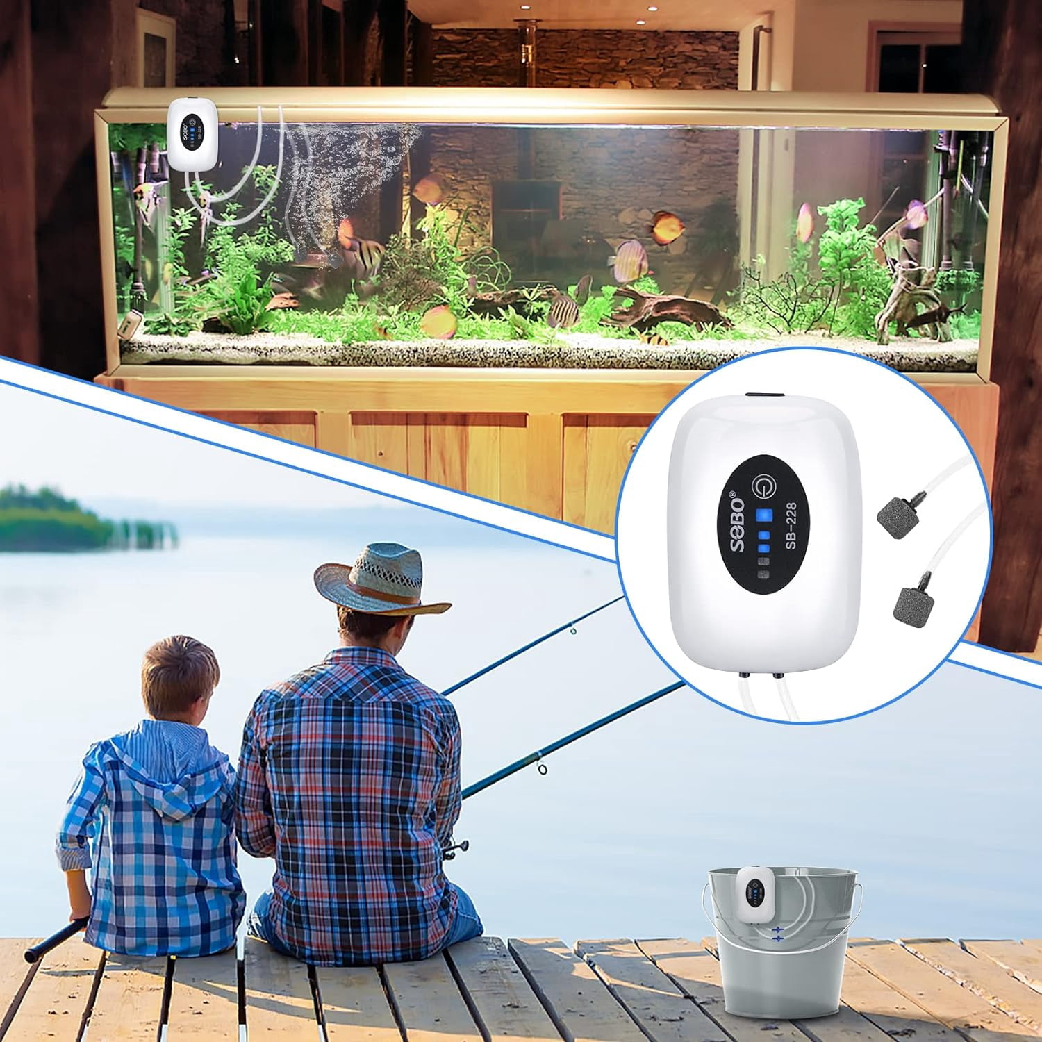 SOBO Aquarium Fish Tank Oxygen Air Pump Compressor Charging Silent USB with Battery Portable Fishing Oxygenator 6000mA Outdoor