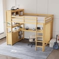 thumbnail image 3 of Wood Loft Bed with Cabinet and Bookshelf, Queen Size Loft with Wardrobe and Desk ; Natural, 3 of 21
