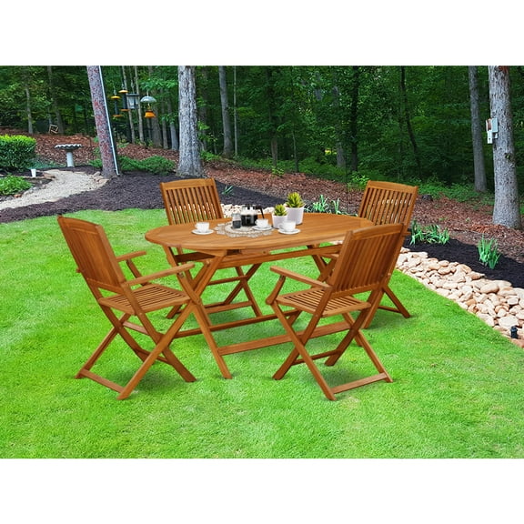 Patio Dining Set Acacia Wood 5 Piece Outdoor Furniture Table & 4 Folding Chairs