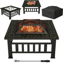Lacoo 32" Patio Square Fire Pit Table for Patio Backyard BBQ, Ice Storage with Mesh Lid, Poker and Cover, Gold
