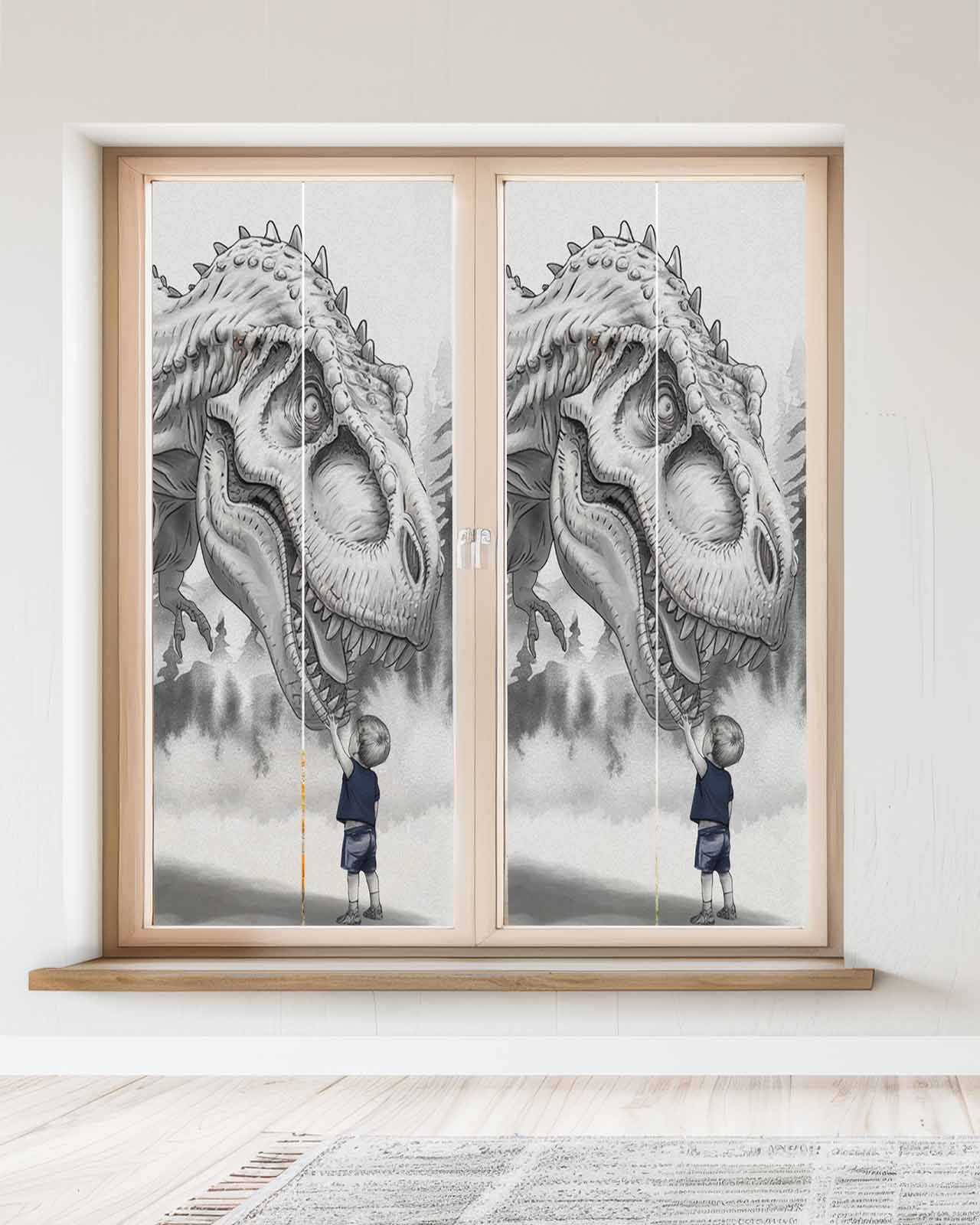 Window Privacy Film Dinosaurs Boy Stained Glass Window Film Decorative Sun Block Window Cover Gray Funny Cartoon Forest Animals Window Clings Static Adhesive Sticker for Bathroom 23.6"x59"