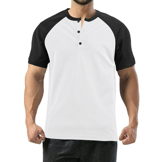 T-shirts pour Hommes à Manches Raglan à Boutons, Col Ouvert, Bloc de Couleur Européenne, Ananas, Blanc TTTG