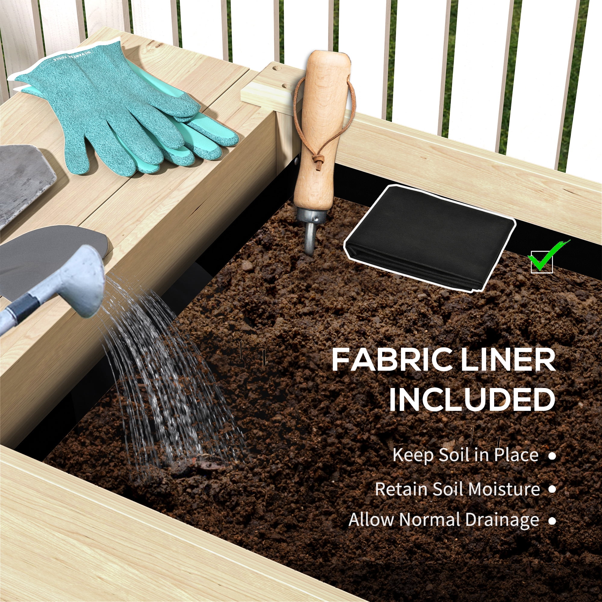 Elevated Garden Bed, Wood Raised Garden Box with Side Table, Bottom Shelf, Bed Liners and Drainage Holes