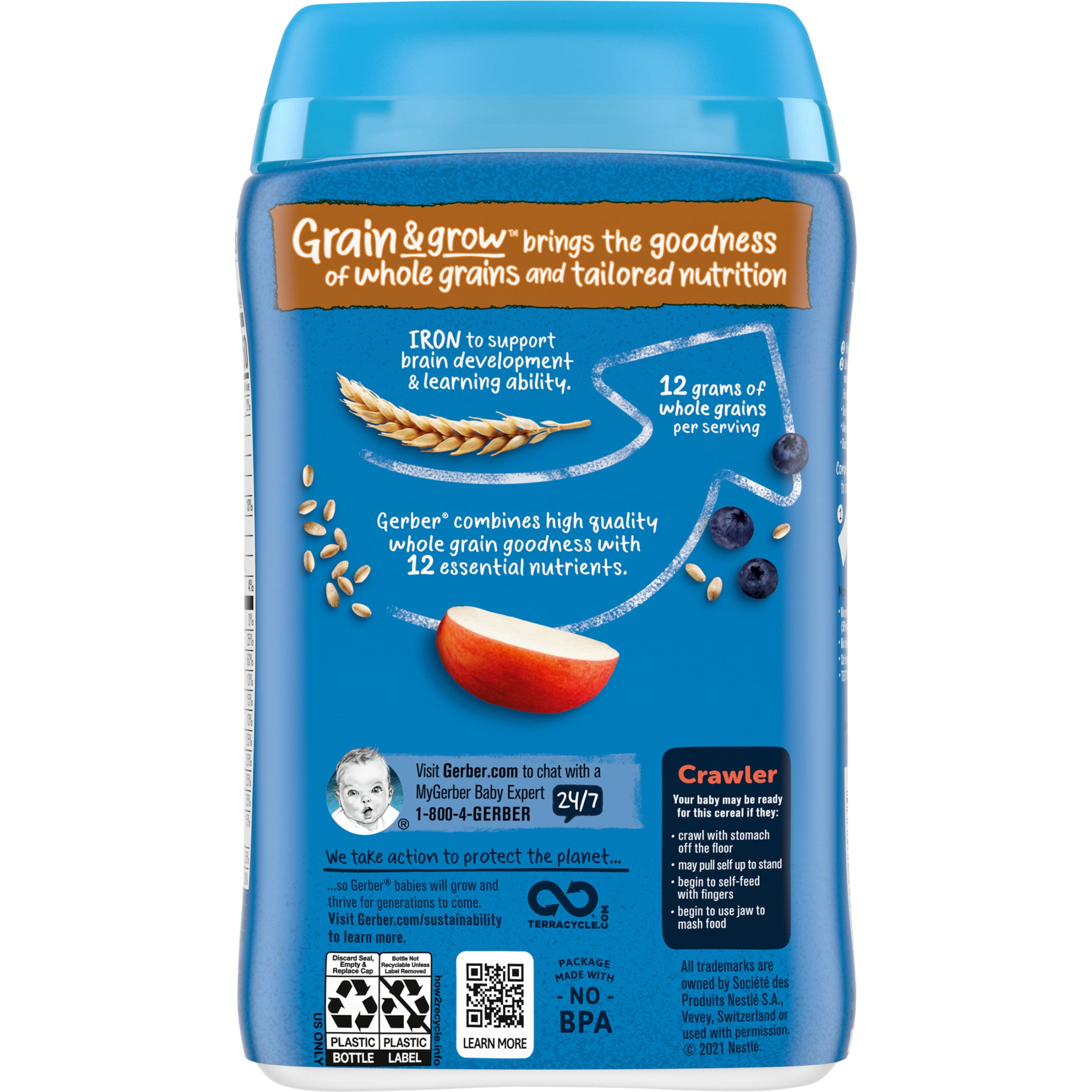 Gerber Cereal for Baby Grain & Grow 3rd Foods Lil' Bits Whole Wheat Baby Cereal, Apple Blueberry, 8 oz Canister (6 Pack)