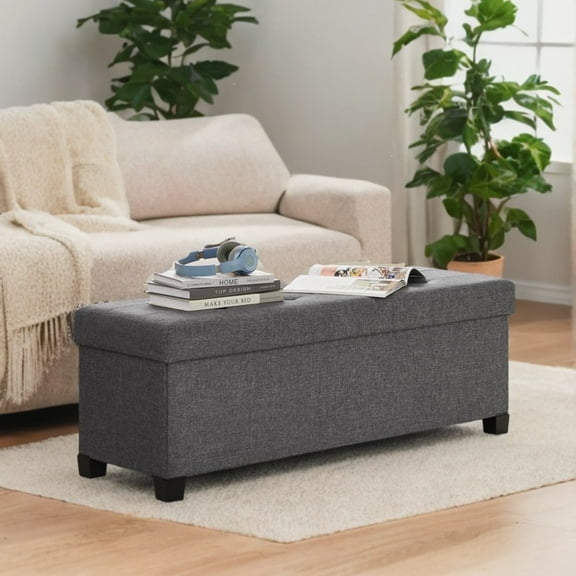 SONGMICS 43.3" Storage Ottoman Bench Ottoman with Storage CoEnd of Bed Storage Holds Up to 660 lb for Living Room Dark Gray
