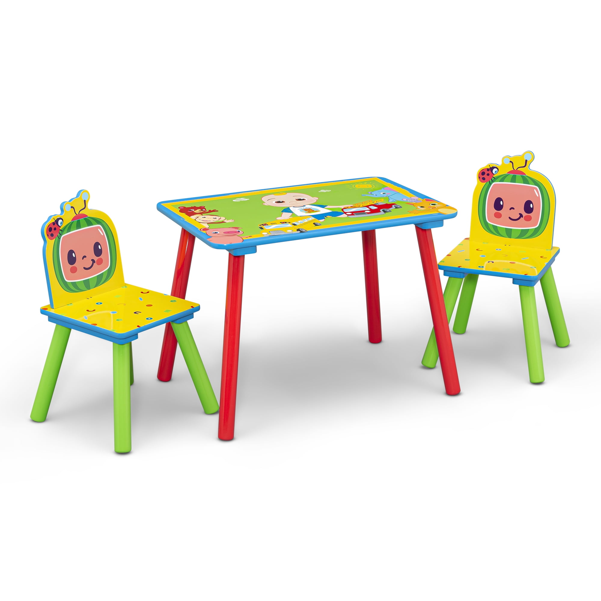 CoComelon 4 Piece Toddler Playroom Set by Delta Children Includes Play Table with Dry Erase Tabletop and 6 Bin Toy Organizer with Reusable Vinyl