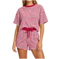 thumbnail image 6 of 2 Piece Striped Shorts Set Women Casual Summer Outfits Crew Neck Short Sleeve Top Drawstring Waist Sweatsuits (XL, Red), 6 of 7
