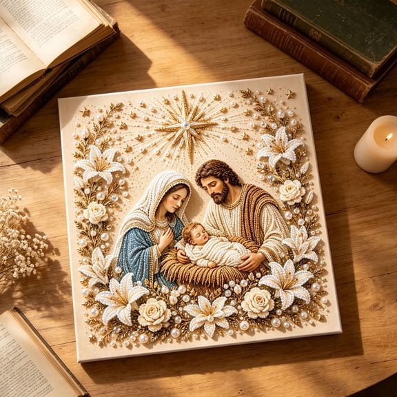 QISIWOLE DIY Nativity of Jesus Pearl Art Kit, 5D Special Shape Diamond Painting for Adults, Religious Wall Art Frame, Christian Mosaic Craft Kit, Christ Pearl Gem Painting Crafts, 10X10 Inch
