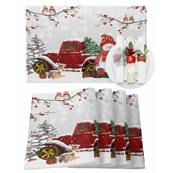 Christmas Placemats Set of 6, Snowman Red Truck Place Mats Deer Berry Birds Xmas Tree Placemat Table Decoration for Kitchen Table Dinner Xmas Holiday Party Home Decor Indoor Outdoor 13x19 Inch