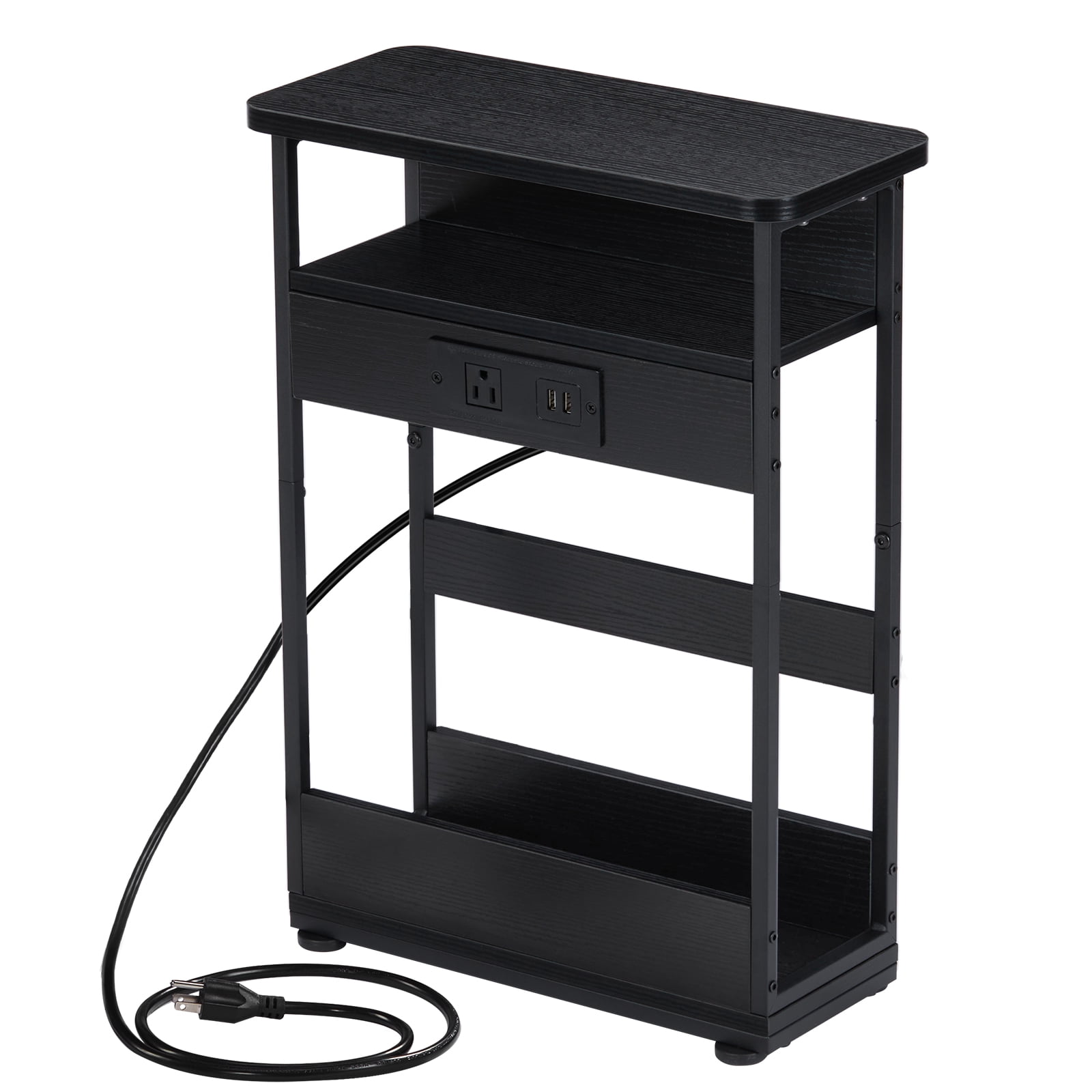 Narrow Side Table with Charging Station, 3 Tier Slim End Table with Storage Shelf for Small Spaces, 21.6 Inch Height Thin Tables Small Nightstand Magazine Rack for Living Room,Black