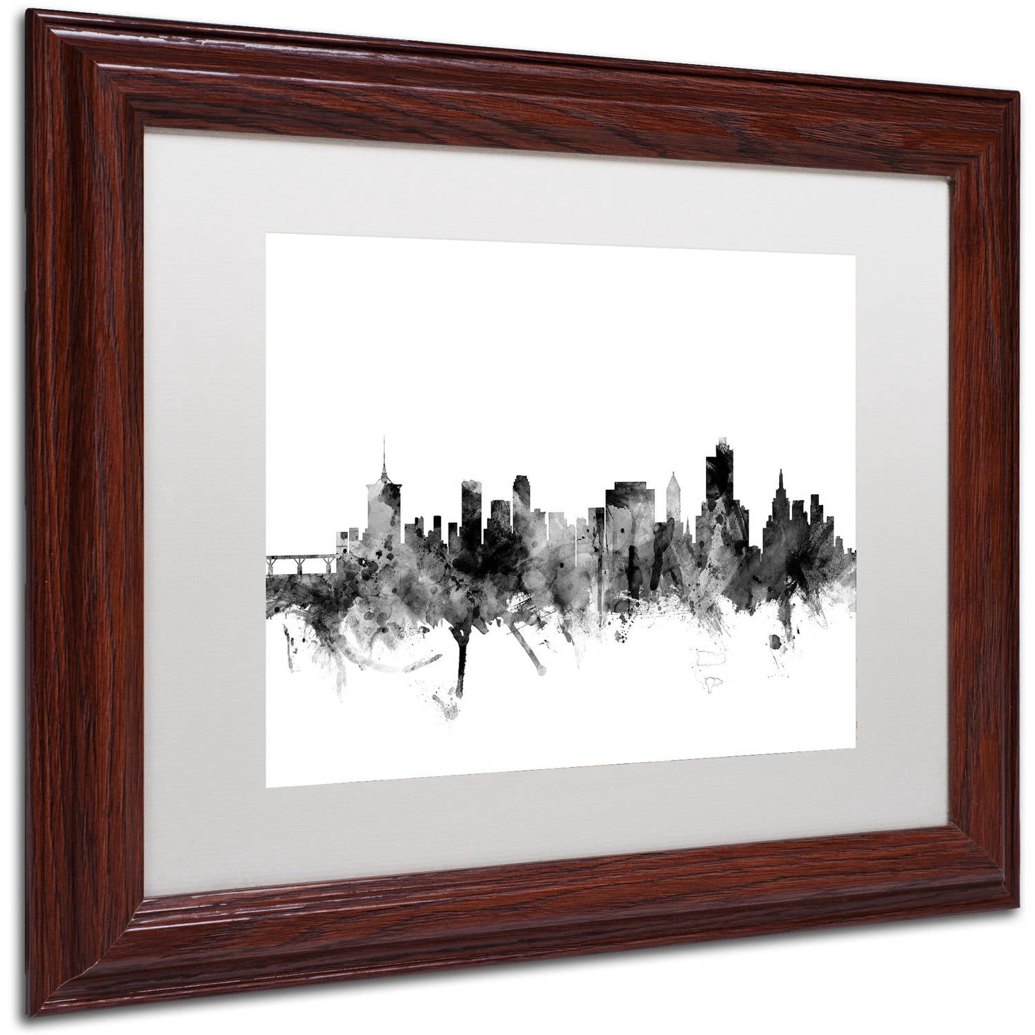 Trademark Fine Art "Tulsa Oklahoma Skyline B&W" Canvas Art by Michael Tompsett, White Matte, Wood Frame