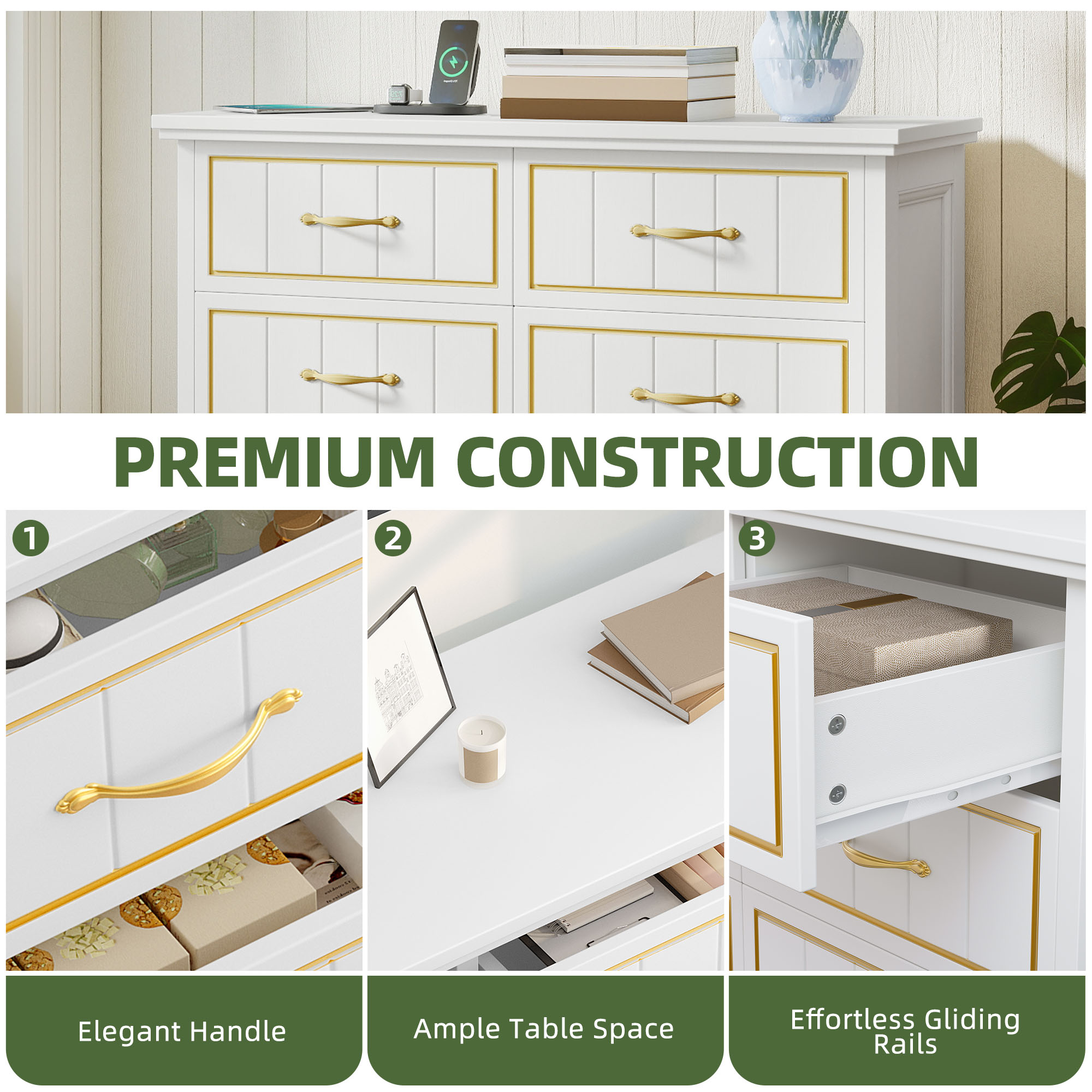 Uforic 6-Drawer Dresser with Power Strip, Gold Strips & Metal Handles, Storage Chest, White