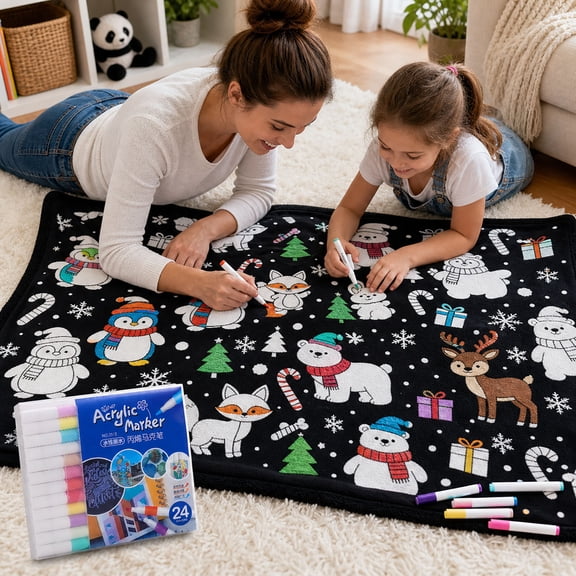 CHJK DIY Coloring Blanket with 24 Colors Markers, 50"X59" Soft Cozy Doodle Throw Blankets, Giant Doodle Coloring Blanket for Adults, Washable
