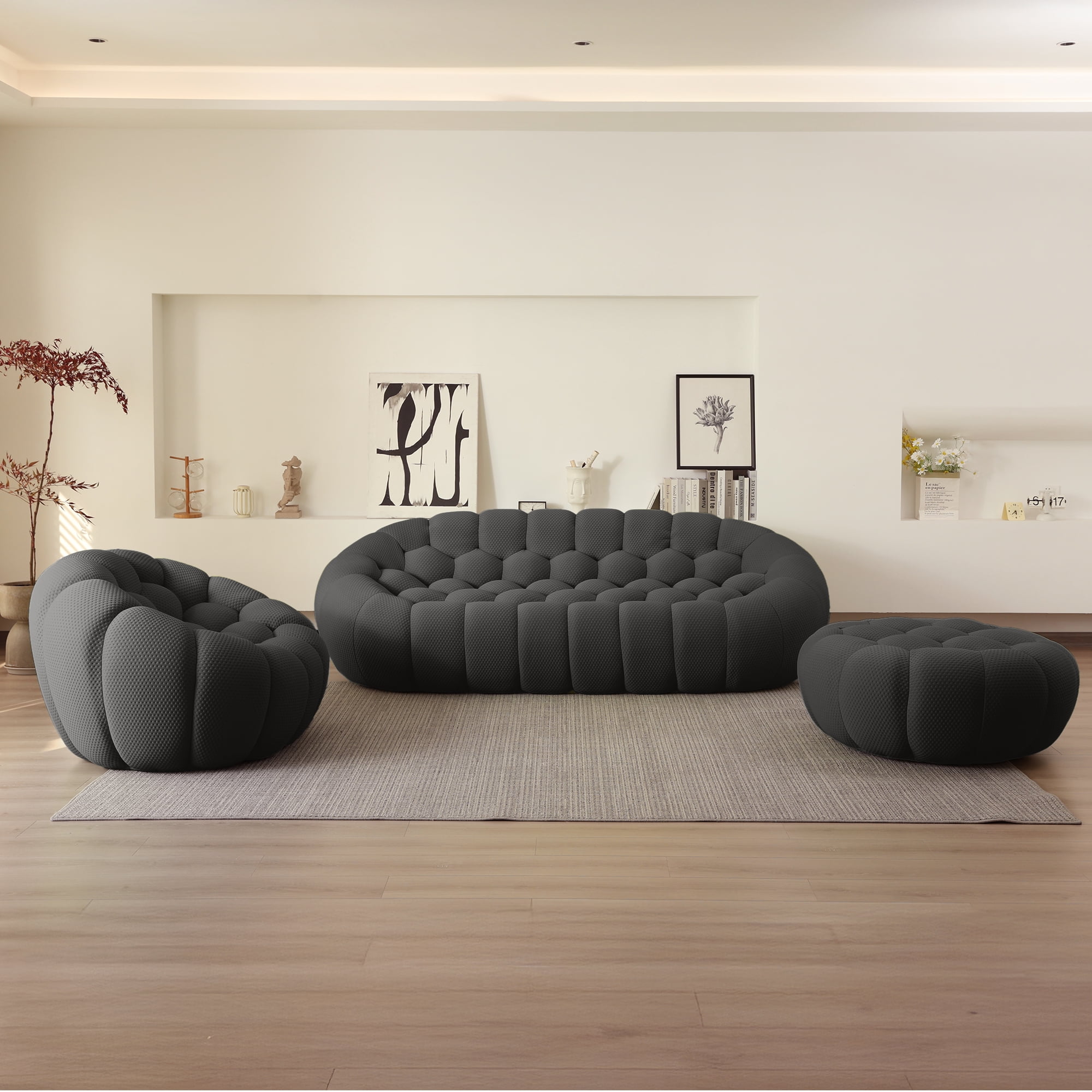 Sodrens 98.43" Bubble Couch,Modern Upholstered Mesh Fabric Lazy Floor Sofa,3D Honeycomb Shape Bubble Sofa Curved Couch for Living Room,Office,Apartment,No-Assembly(Dark Grey,3-Seater)