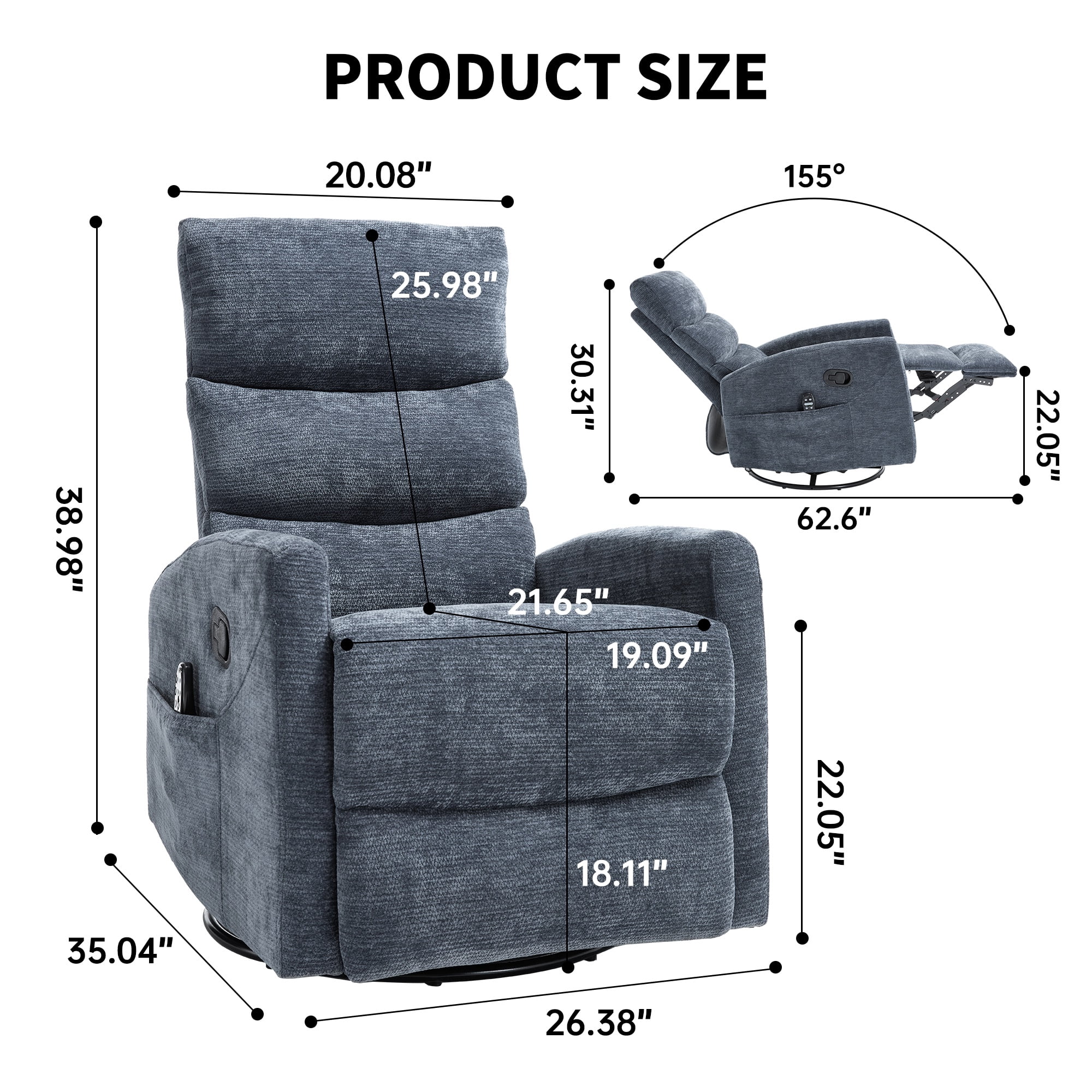 PAPROOS Rocker Recliner with Heat and Massage, Fabric 360°Swivel Rocker Recliner, Glider Rocking Chair for Nursery, Small Manual Recliner with Side Pocket for Home Theater Living Room, Blue