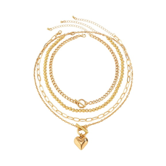 Yesbay 4 Pcs/Set Women Necklace Set Heart Pendant Round Paper Clip Chain Electroplated Necklace Adjustable Extended Chain Necklace