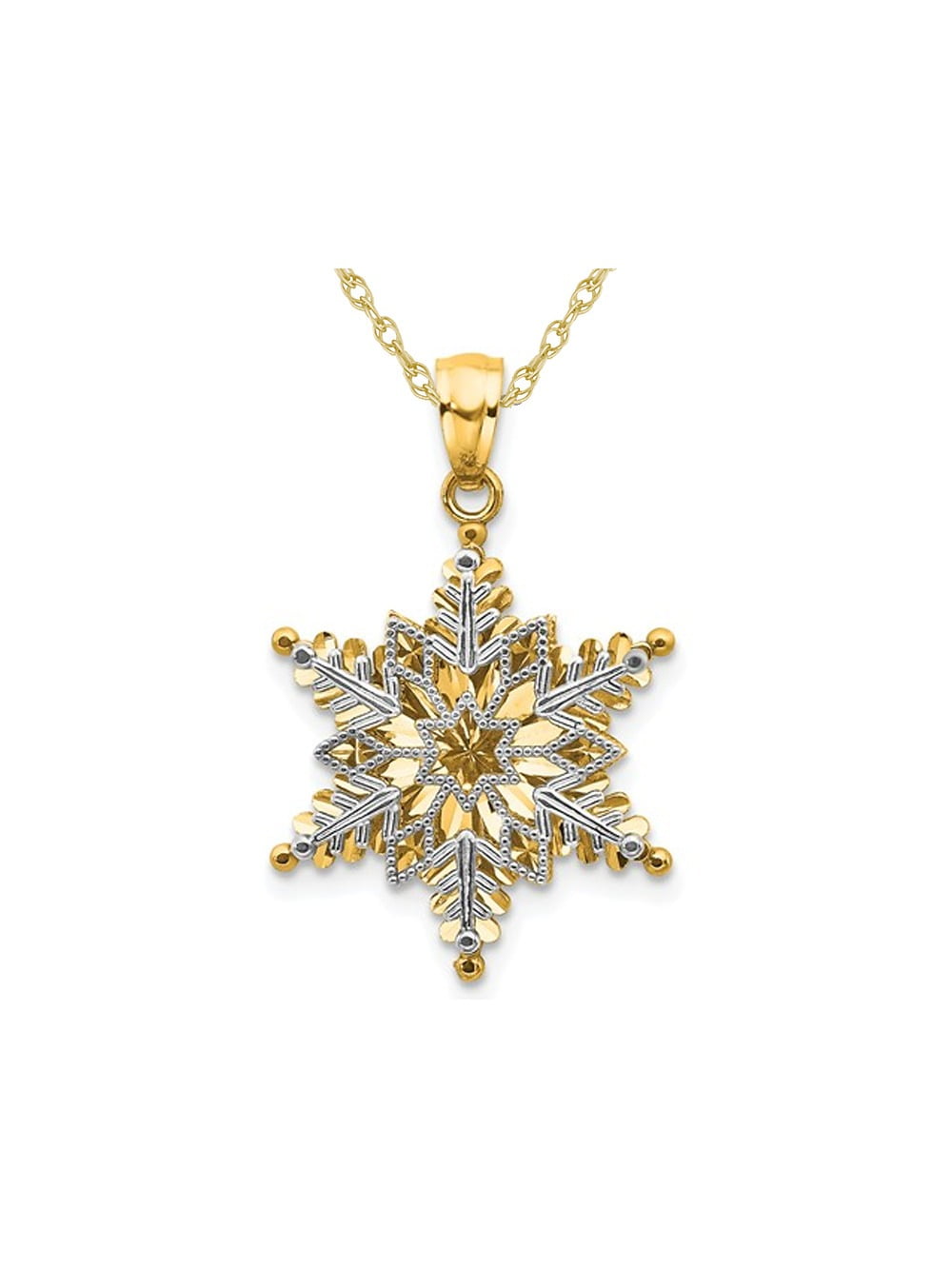 14K Yellow Gold & Rhodium Snowflake Christmas Holiday Gift Circle Charm Pendant 