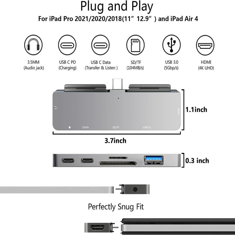 iPad Pro USB C Hub, 7-in-1 Adapter for iPad Pro 2021 2020 2018 11 inch iPad Air 4 Docking Station with 4K HDMI, USB-C PD Charging, Card Reader, USB 3.0,