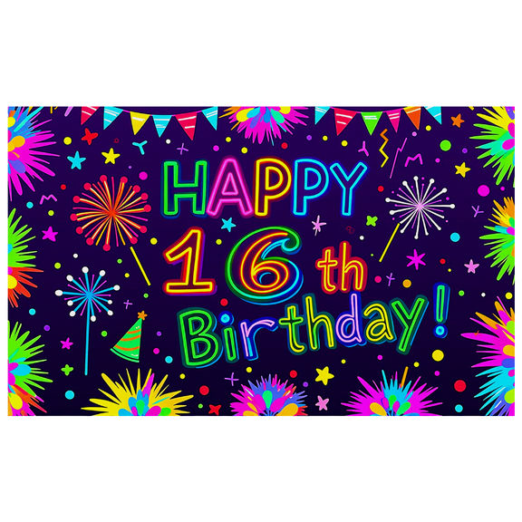 Neon Style 16th Birthday Backdrop Banner Colorful Party Decorations with Fireworks Stars and Party Hats Photography Props for Birthday Party Celebrations Photo Booth Backgrounds