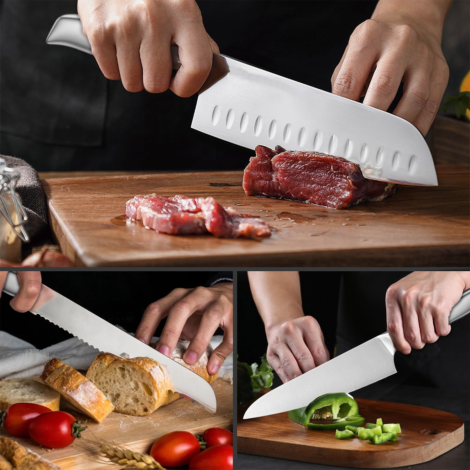 GPED Knife Block Set, Kitchen Knife Set with Block, 16 Pcs Professional Chef Knife Set with Knife Sharpener & 8 Steak Knives, Ultra Sharp Stainless Steel Knife Set for Kitchen, Dishwasher Safe